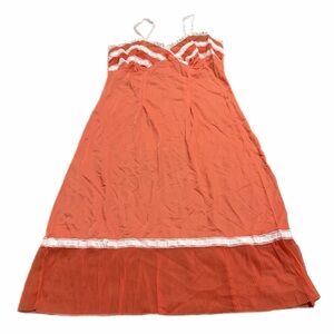 60s/70s European Vintage Pleated Hem & Embroidered Midi Slip Dress (Orange) 44/L